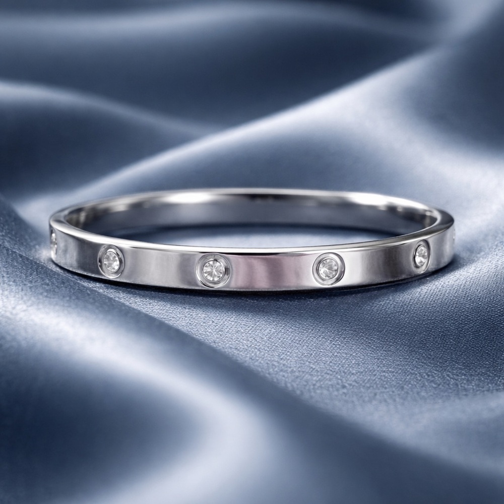 Silver Bezel Set CZ Accent Friendship Bangle